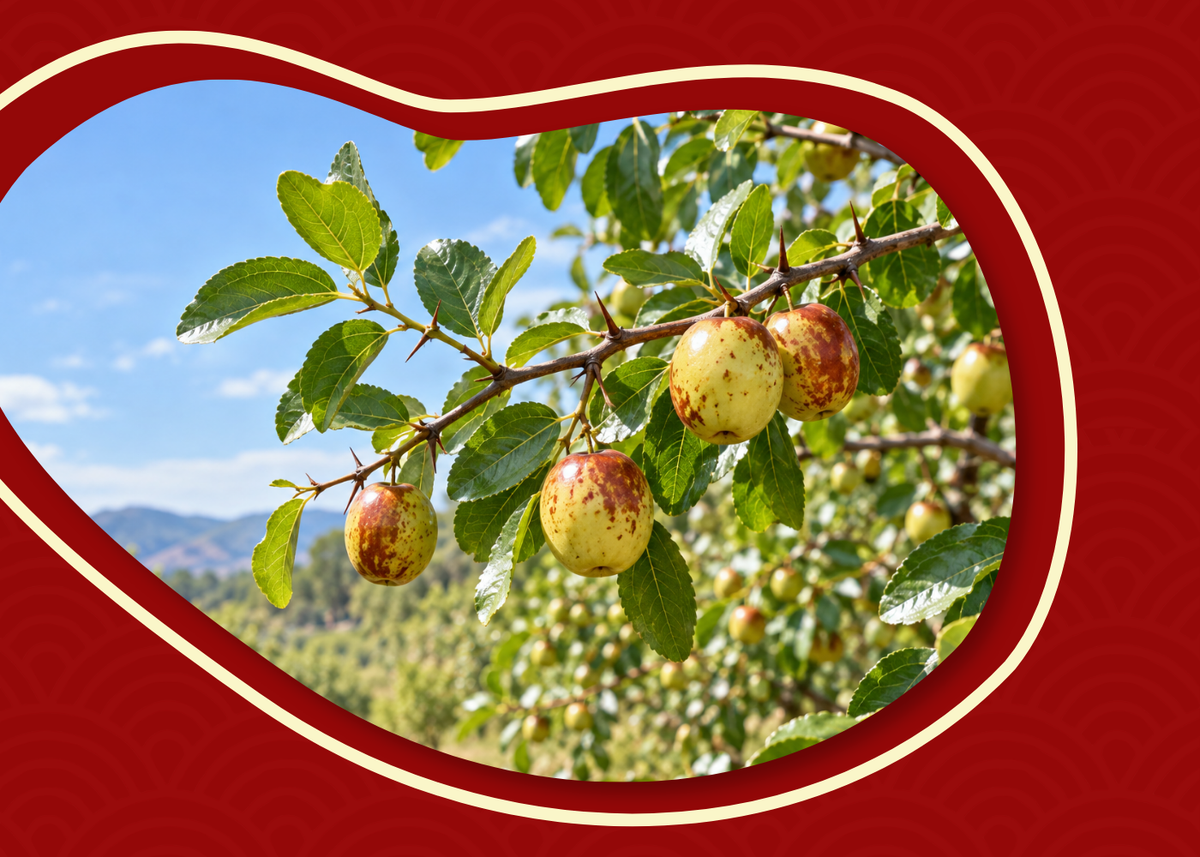 Jujube tree branch with glossy green leaves, fresh fruit, and natural thorns in bright sunlight.