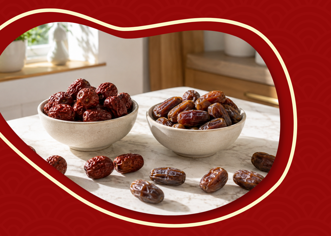 Dried Royal Jujubes and regular dates displayed side by side showing differences in colour, texture, and shape.