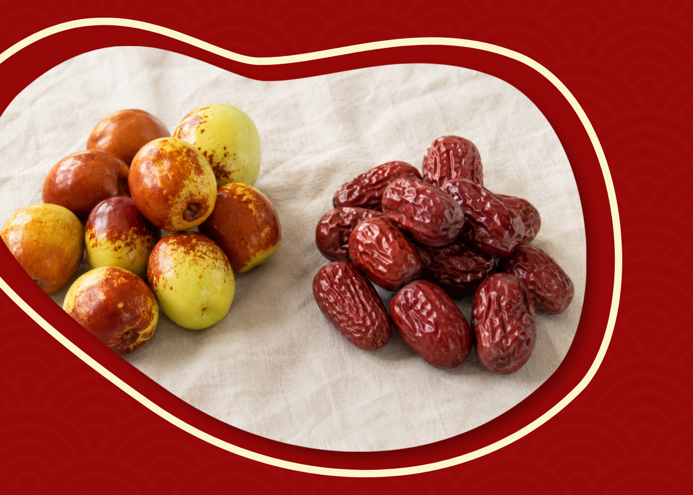 Fresh and dried Royal Jujubes displayed side by side showing differences in texture and colour.