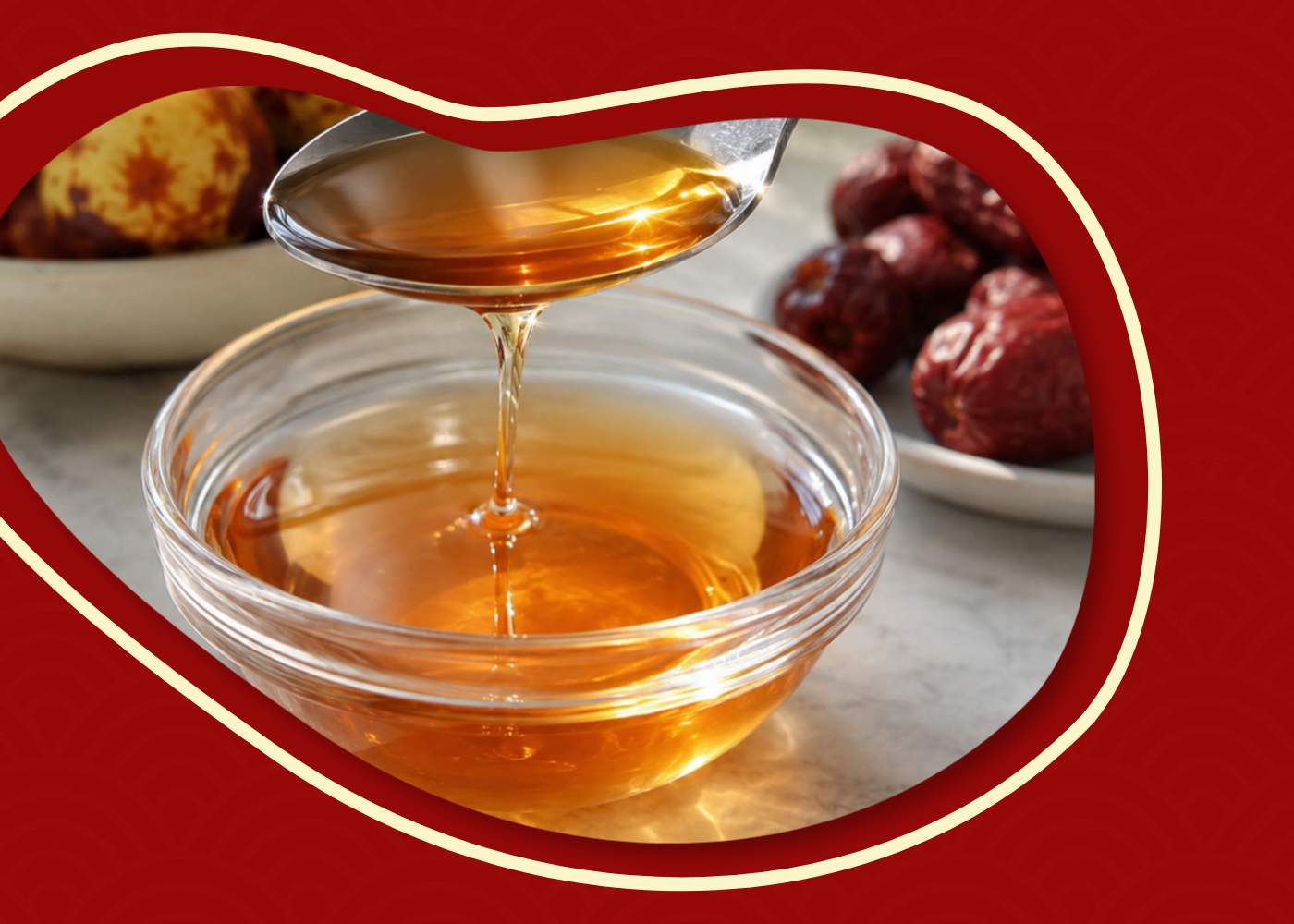 Amber jujube vinegar shown on a spoon with fresh and dried Royal Jujubes in the background.