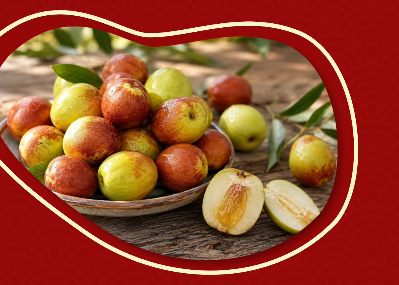 Fresh Royal Jujube cut open showing natural Golden Gel near the seed.