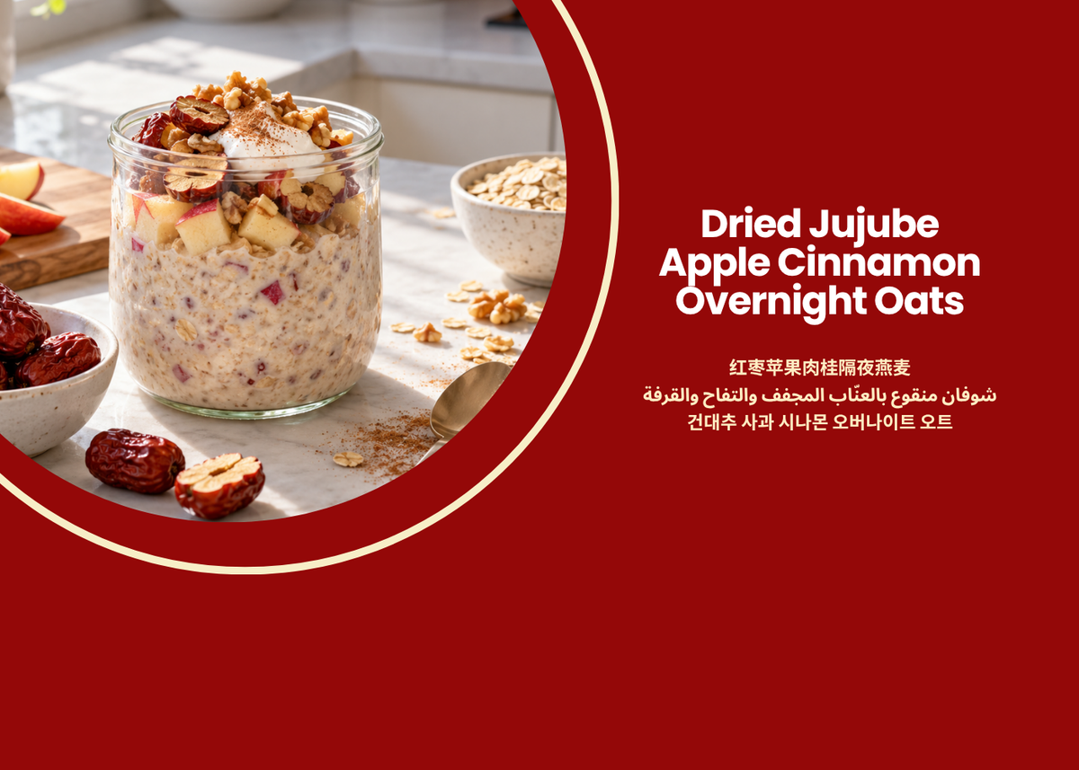 Dried jujube, apple, and cinnamon overnight oats served in a glass jar in a bright kitchen setting.