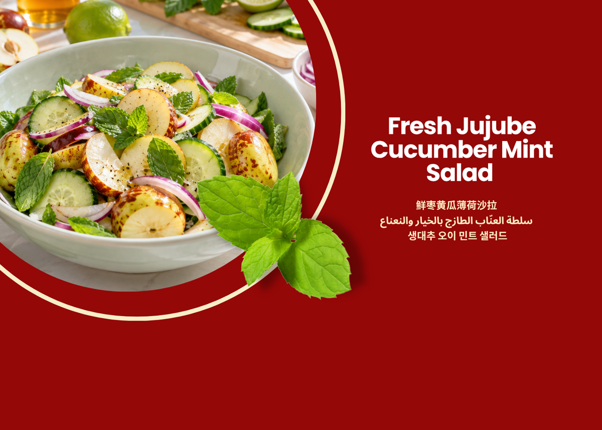 Fresh jujube, cucumber, and mint salad with lime dressing served in a bright kitchen setting.