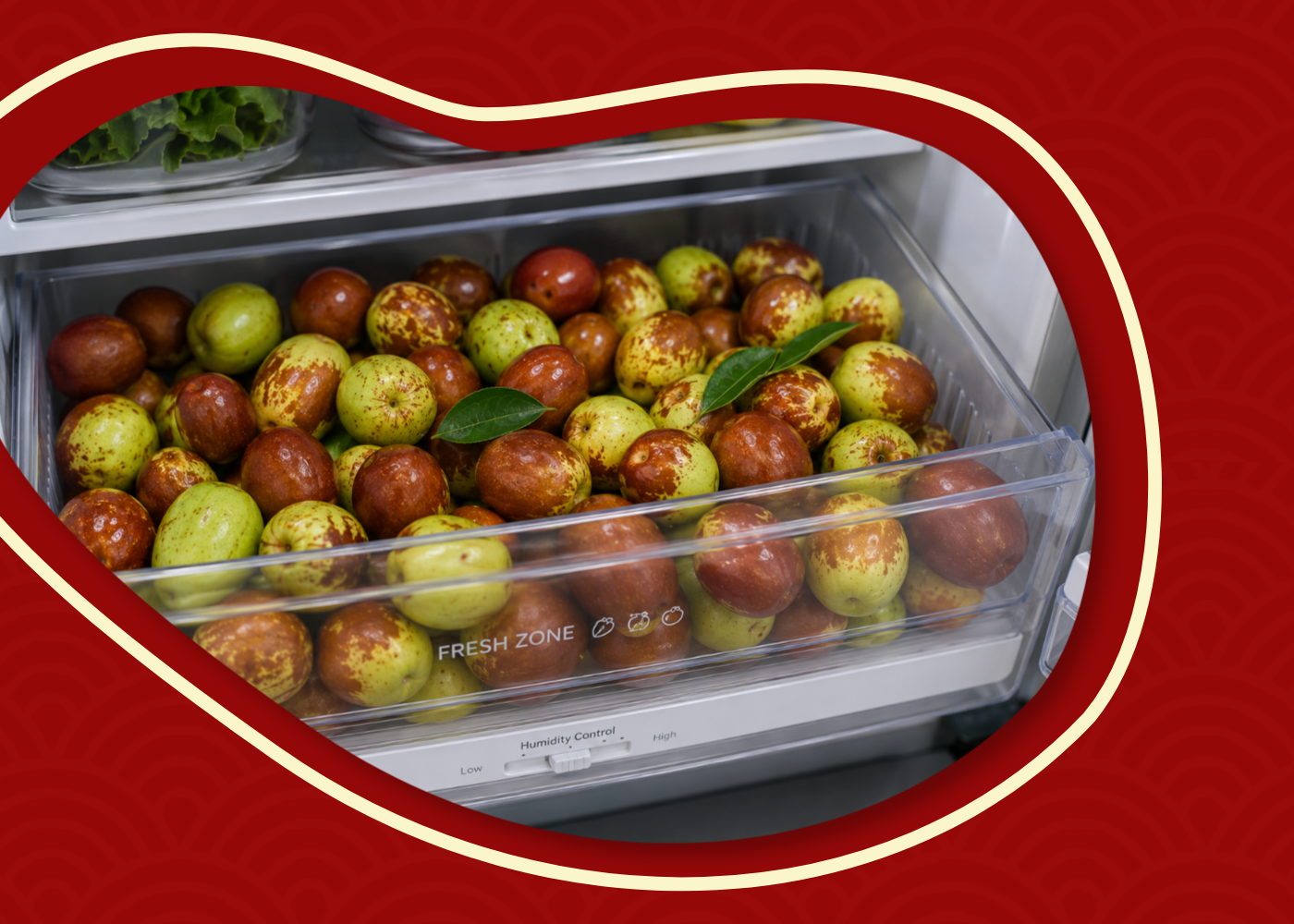 Fresh Australian jujubes stored in a refrigerator crisper drawer
