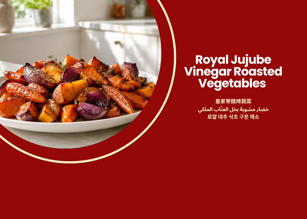 Roasted carrots, pumpkin, sweet potato, and red onion with Royal Jujube Vinegar honey glaze in a bright kitchen setting.