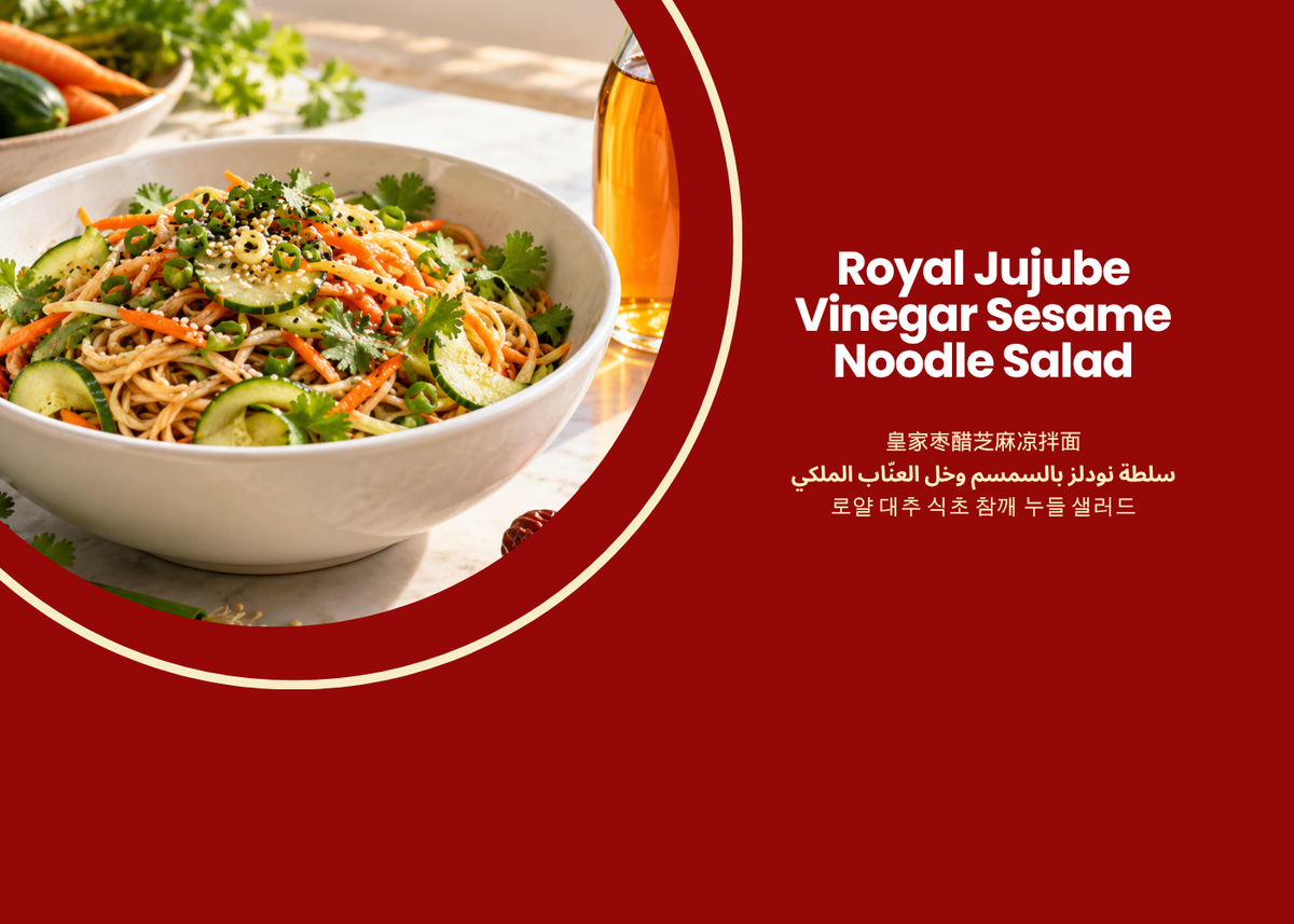 Sesame noodle salad with Royal Jujube Vinegar dressing, cucumber, carrot, herbs, and sesame seeds in a bright kitchen setting.