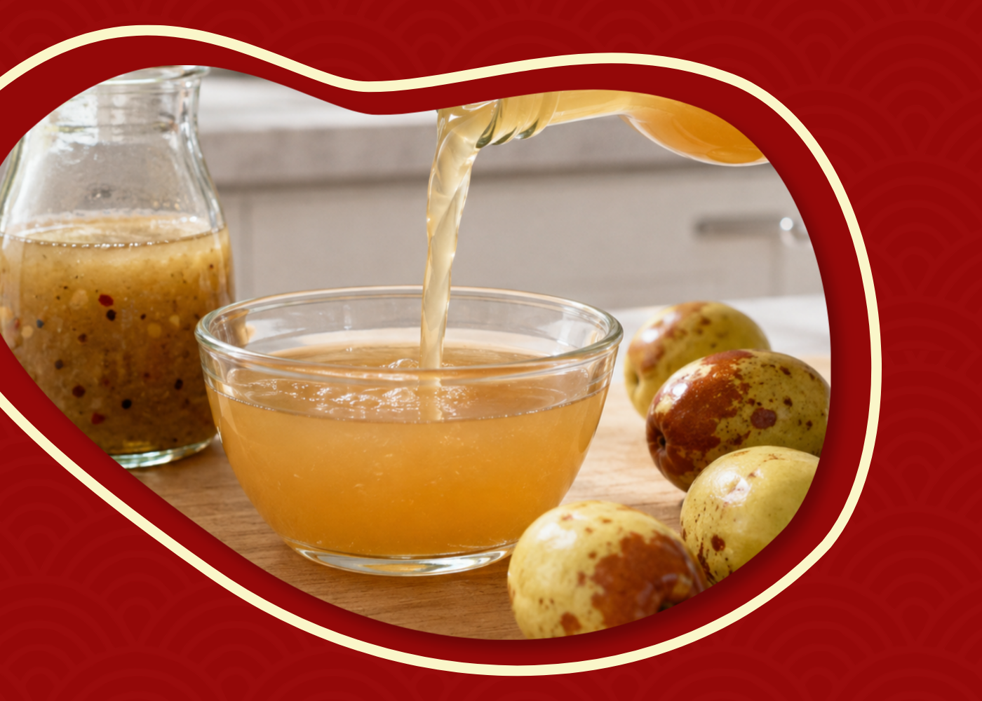 Amber unfiltered jujube vinegar in a glass bowl showing a naturally cloudy appearance.