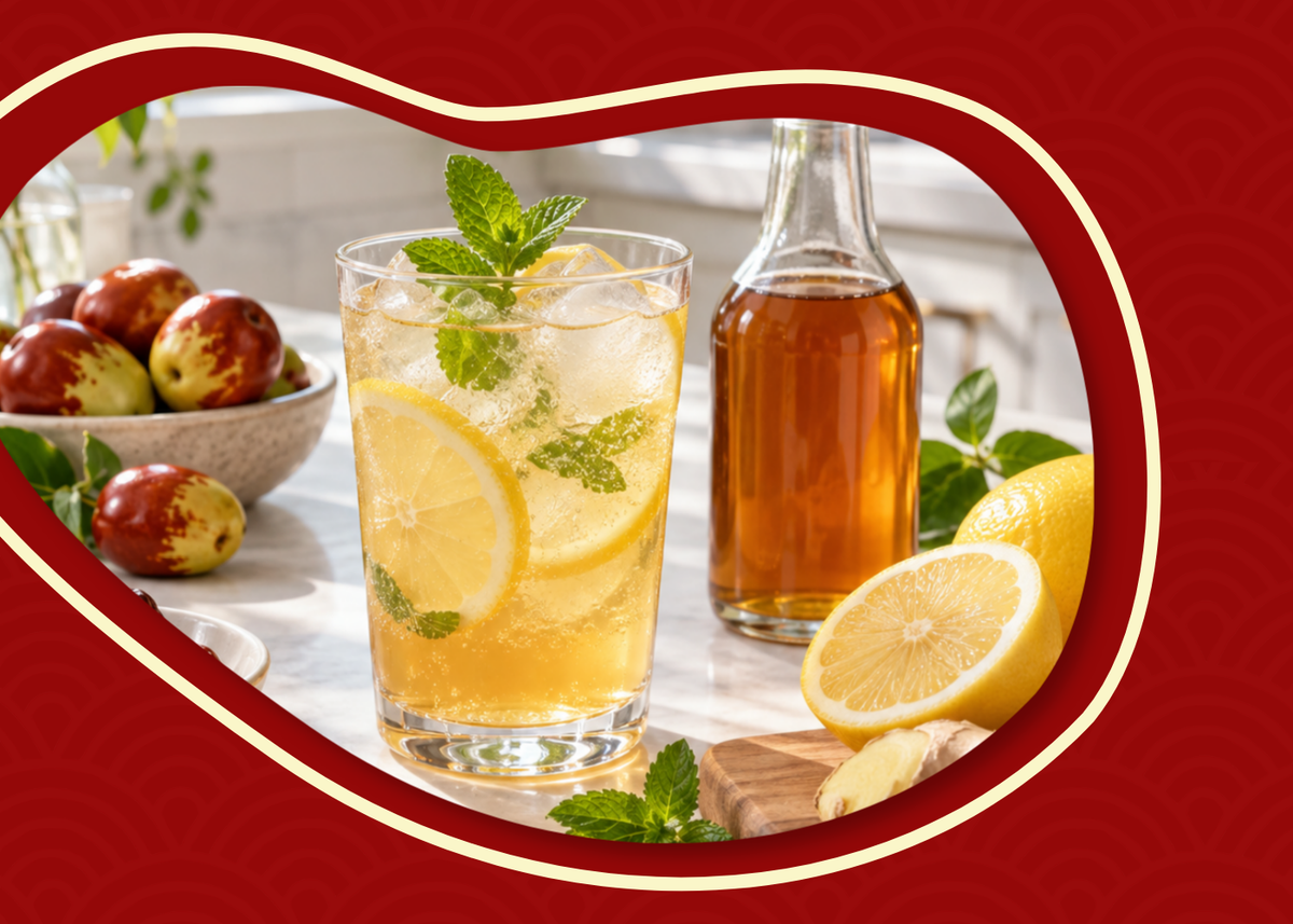 Sparkling jujube vinegar drink with lemon, ginger, mint, ice, and Royal Jujubes in a bright kitchen setting.