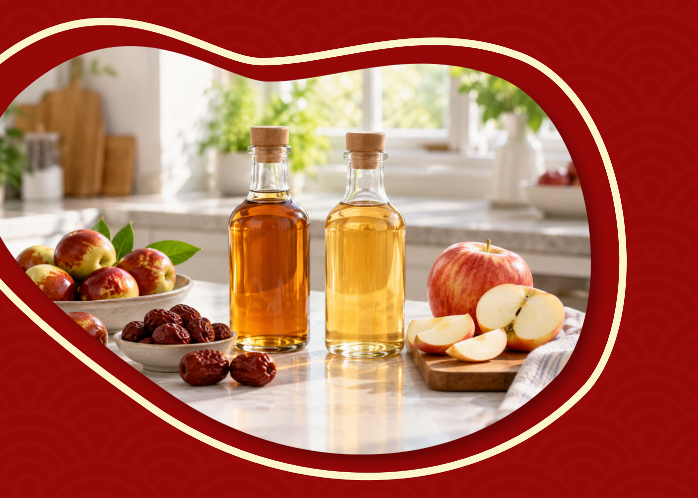 Jujube vinegar and apple cider vinegar displayed with fresh jujubes, dried jujubes, and apple slices in a bright kitchen setting.