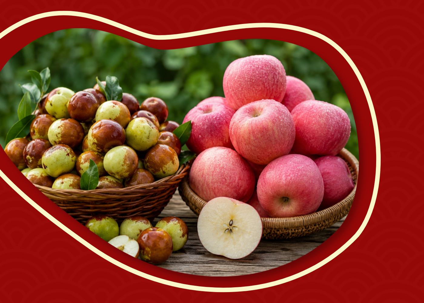 Fresh jujubes and apples side by side showing differences in size, colour, and appearance